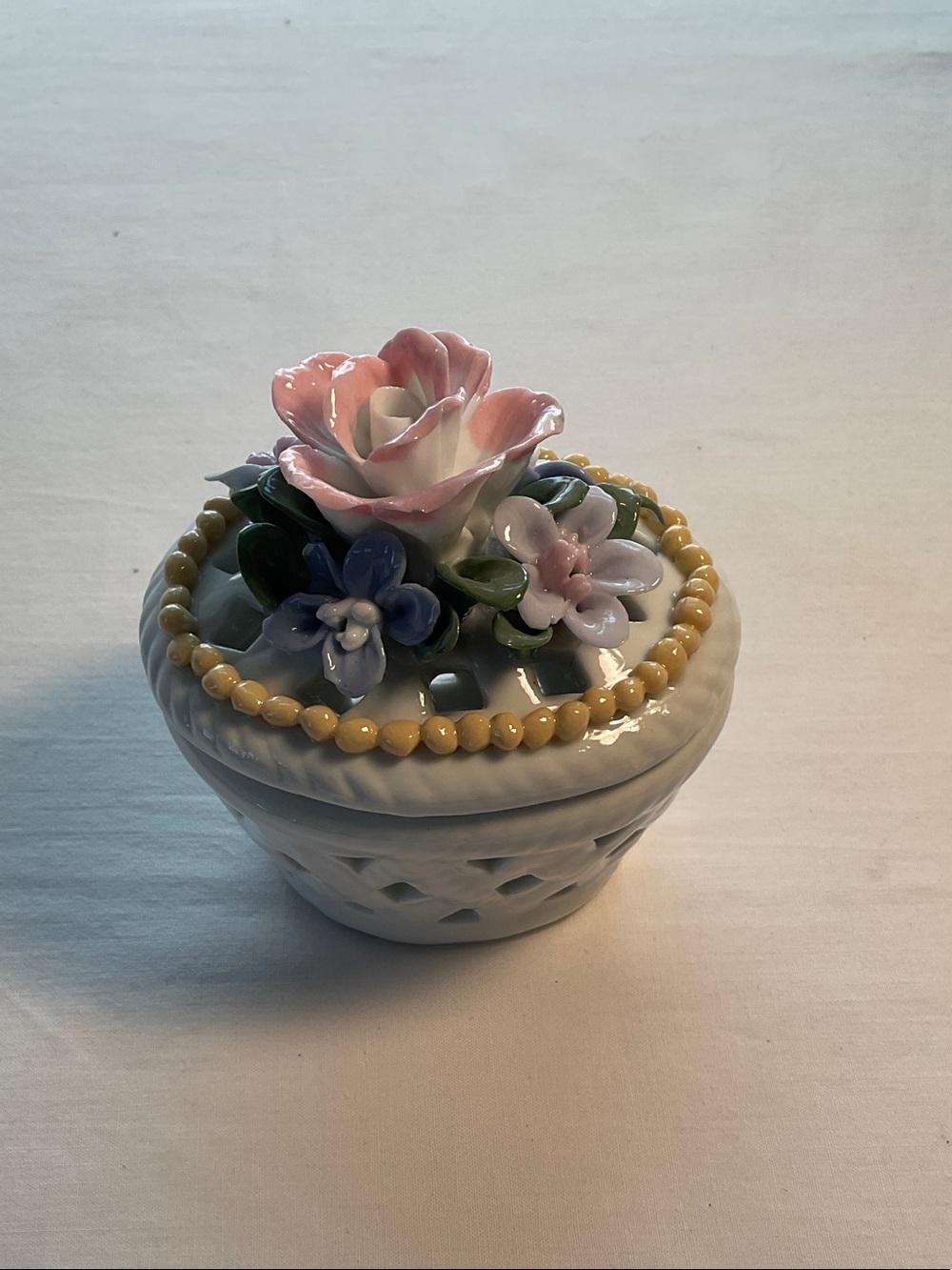 Porcelain Floral Trinket Box with Pink Rose Top
